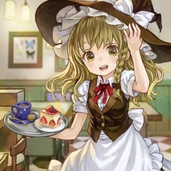 Rule 34 | 1girl, album cover, ama-tou, apron, berry, blonde hair, blueberry, blurry, bow, braid, bug, butterfly, cake, chair, cover, cup, depth of field, food, fruit, hand on headwear, hat, hat bow, insect, kirisame marisa, looking at viewer, macaron, open mouth, plate, saucer, shirt, single braid, smile, solo, spoon, strawberry, table, teacup, touhou, tray, vest, waist apron, witch hat, yellow eyes