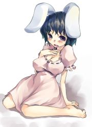 Rule 34 | 1girl, aged up, animal ears, barefoot, black hair, breasts, cleavage, dress, feet, female focus, hand on own chest, inaba tewi, large breasts, large ears, mikage sekizai, rabbit ears, short hair, sitting, solo, touhou, wariza, white background