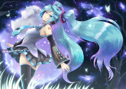 Rule 34 | 1girl, aqua eyes, aqua hair, arched back, detached sleeves, female focus, hatsune miku, headset, long hair, looking back, nature, necktie, outdoors, skirt, sky, solo, sts, thighhighs, twintails, very long hair, vocaloid