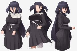 Rule 34 | 1girl, :o, absurdres, bandaged head, bandaged leg, bandaged neck, bandages, black dress, black hair, closed mouth, dress, expressionless, from side, fukayama (0ppaityuki), hair between eyes, highres, long hair, looking at viewer, multiple views, open mouth, pleated dress, red eyes, sidelocks, simple background, very long hair, white background, yamada tae, zombie land saga
