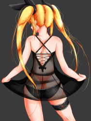 Rule 34 | 1girl, arc system works, ass, back, bare shoulders, blazblue, blonde hair, butt crack, dokkanohukukaityou, dress, female focus, from behind, hair ribbon, highres, long hair, panties, rachel alucard, ribbon, see-through, solo, twintails, underwear