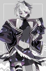 Rule 34 | 1girl, absurdres, ahoge, asagina gi, bandaged arm, bandages, black gloves, black hair, black jacket, black shirt, black shorts, border, commentary, cowboy shot, crop top, fingerless gloves, flower (gynoid talk), flower (vocaloid), gloves, grey background, highres, jacket, looking at viewer, multicolored hair, parted lips, purple eyes, shirt, short hair, shorts, simple background, sleeveless, sleeveless shirt, sleeves past fingers, sleeves past wrists, solo, streaked hair, symbol-only commentary, thigh strap, vocaloid, white hair