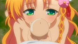 Rule 34 | 1boy, 1girl, animated, animated gif, braid, breasts, french braid, green eyes, handjob, large breasts, licking, long hair, lowres, oshiete re:maid, penis, philine la, tongue, uncensored