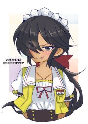 Rule 34 | 10s, 1girl, :p, alternate costume, arms behind head, black eyes, black hair, blush, bow, coco&#039;s, commentary, cropped torso, dark-skinned female, dark skin, dated, girls und panzer, hair bow, hair over one eye, highres, jacket, long hair, looking at viewer, maid headdress, namatyoco, name tag, naughty face, ogin (girls und panzer), one-hour drawing challenge, ponytail, puffy short sleeves, puffy sleeves, red bow, shirt, short sleeves, sleeveless, sleeveless jacket, smirk, solo, tongue, tongue out, twitter username, upper body, waitress, white shirt, yellow bow, yellow jacket