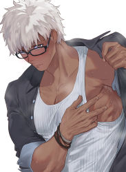 Rule 34 | 1boy, alternate costume, alternate hairstyle, archer (fate), archer (summer casual) (fate), armpit hair, bara, blush, bracelet, brown eyes, dark-skinned male, dark skin, fate/stay night, fate (series), glasses, haiki (tegusu), highres, jewelry, large pectorals, male focus, muscular, pectorals, sleeves rolled up, solo, sweat, tank top, undressing, white hair