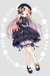 Rule 34 | 1girl, abigail williams (fate), black bow, black dress, black footwear, black hat, blonde hair, bloomers, blue eyes, blush, bow, bug, butterfly, closed mouth, commentary request, dress, fate/grand order, fate (series), full body, grey background, hair bow, hands in opposite sleeves, hat, hugging object, insect, long hair, long sleeves, looking at viewer, mary janes, mikanmochi, orange bow, parted bangs, polka dot, polka dot bow, shoes, smile, solo, stuffed animal, stuffed toy, teddy bear, underwear, very long hair, white bloomers