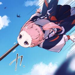 Rule 34 | 1girl, bird, biting, blue eyes, blue jacket, blue sky, blush, commentary request, eating, floating hair, flying, food in mouth, forehead, highres, hood, hooded jacket, jacket, kaf (kamitsubaki studio), kamitsubaki studio, long hair, long sleeves, low ponytail, memori (egachachachan), motion lines, multicolored clothes, multicolored eyes, multicolored jacket, outdoors, oversized food, oversized object, pink hair, pocky, pocky day, pocky in mouth, puffy long sleeves, puffy sleeves, red eyes, short eyebrows, silhouette, sky, solo, swallow (bird), v-shaped eyebrows, virtual youtuber, yellow pupils