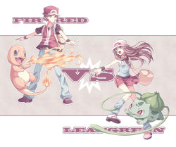 Rule 34 | 1boy, 1girl, backpack, bag, breath weapon, breathing fire, bulbasaur, charmander, commentary request, copyright name, creatures (company), fire, floating hair, game freak, gen 1 pokemon, hat, jacket, leaf (pokemon), legs apart, loose socks, nintendo, open mouth, pants, pleated skirt, pointing, pokemon, pokemon battle, pokemon frlg, red (pokemon), red headwear, red skirt, scbstella, shirt, shoes, short sleeves, skirt, sleeveless, sleeveless shirt, socks, standing, vs seeker, white footwear, wristband, yellow bag