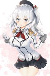 Rule 34 | 1girl, absurdres, bad id, bad twitter id, black headwear, black skirt, blue eyes, buttons, cowboy shot, epaulettes, floral background, frilled sleeves, frills, gloves, highres, jacket, kantai collection, kashima (kancolle), long sleeves, looking at viewer, military jacket, miniskirt, neckerchief, open mouth, pink background, pleated skirt, red neckerchief, sidelocks, silver hair, skirt, smile, solo, twintails, two-tone background, uzuki tsukuyo, wavy hair, white gloves, white jacket