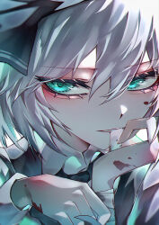 Rule 34 | 1girl, 33 gaff, aqua eyes, black hairband, blood, blood on hands, commentary, grey hair, hairband, konpaku youmu, long sleeves, looking at viewer, parted lips, short hair, simple background, touhou, upper body, white background
