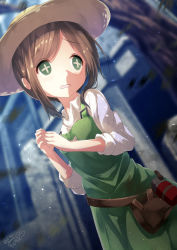 Rule 34 | + +, 1girl, apron, bag, blurry, blurry background, blush, brown hair, chinomaron, commentary request, depth of field, dutch angle, emma woods, green apron, green eyes, hands up, highres, identity v, long sleeves, own hands together, parted bangs, parted lips, satchel, shirt, sidelocks, signature, sleeves rolled up, solo, standing, twitter username, white shirt