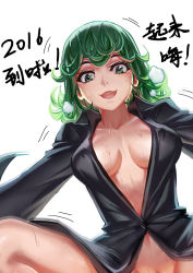 Rule 34 | 10s, 1girl, 2016, alternate breast size, breasts, breath, cleavage, green eyes, green hair, groin, implied sex, large breasts, looking at viewer, matching hair/eyes, no bra, no panties, one-punch man, out-of-frame censoring, short hair, simple background, smile, solo, streamingsun, sweat, tatsumaki, text focus, translation request, white background