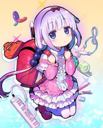 Rule 34 | 1girl, bag, blue background, blue eyes, blunt bangs, blush, bow, capelet, child, closed mouth, commentary, dress, eraser, expressionless, frilled capelet, frilled dress, frills, full body, fur-trimmed collar, fur trim, hair bobbles, hair bow, hair ornament, head tilt, holding strap, instrument, kanna kamui, kneeling, kobayashi-san chi no maidragon, long hair, long sleeves, looking at viewer, looking to the side, onono imoko, pencil, piano, pink dress, pink footwear, purple hair, school bag, solo, white legwear, yellow background