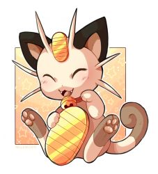 Rule 34 | :3, artist name, bell, neck bell, blush, cat, coin, collar, creatures (company), dated, closed eyes, fangs, game freak, gen 1 pokemon, hand up, happy, hatomura miri, highres, jingle bell, jpeg artifacts, maneki-neko, meowth, nintendo, no humans, open mouth, outline, pawpads, pokemon, pokemon (creature), signature, simple background, sitting, smile, solo, star (symbol), white background, white outline