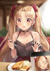 Rule 34 | 1girl, bad id, bad pixiv id, bare shoulders, black dress, blonde hair, blush, bow, breasts, cellphone, cleavage, collarbone, commentary request, dress, earrings, ereshkigal (fate), fate/grand order, fate (series), food, fork, hair bow, highres, holding, holding fork, ishida umi, jewelry, long hair, looking at viewer, medium breasts, open mouth, parted bangs, phone, photo (object), red bow, red eyes, smartphone, solo focus, two side up