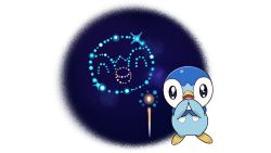 Rule 34 | blue eyes, commentary request, creature, creatures (company), fireworks, game freak, gen 4 pokemon, hands up, looking at viewer, nintendo, no humans, official art, open mouth, piplup, pokemon, pokemon (creature), project pochama, solo, sparkling eyes, standing, toes, tongue