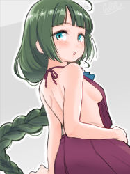 Rule 34 | 10s, 1girl, :o, adapted costume, ahoge, back, bare back, bare shoulders, blue eyes, blush, bow, bowtie, braid, breasts, dress, from behind, green hair, kantai collection, long hair, looking at viewer, looking back, no shirt, open mouth, unworn shirt, sideboob, simple background, single braid, sleeveless, sleeveless dress, solo, tamanoi peromekuri, yuugumo (kancolle)
