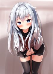 Rule 34 | 1girl, anchor symbol, black sailor collar, black skirt, black thighhighs, blush, closed mouth, commentary request, covering privates, covering crotch, hair between eyes, head tilt, hibiki (kancolle), highres, kantai collection, long hair, long sleeves, looking at viewer, mochiyuki, neckerchief, no headwear, pee, peeing, peeing self, pleated skirt, red neckerchief, sailor collar, school uniform, serafuku, shirt, silver hair, skirt, solo, thighhighs, very long hair, white shirt