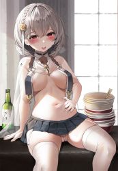 Rule 34 | 1girl, alcohol, areola slip, arm support, azur lane, belly, black skirt, blush, bottle, bowl stack, braid, breast curtains, breasts, cameltoe, cleft of venus, feet out of frame, flower, french braid, garter straps, gloves, hair between eyes, hair flower, hair intakes, hair ornament, half-closed eyes, hand on own stomach, highres, indoors, jewelry, looking at viewer, medium breasts, miniskirt, navel, open mouth, panties, pendant, pleated skirt, red eyes, see-through, see-through sleeves, short hair, silver hair, sirius (azur lane), sirius (azure horizons) (azur lane), sitting, skindentation, skirt, solo, suou-sensei, teeth, thighhighs, underwear, upper teeth only, wedgie, white gloves, white panties, white thighhighs, window