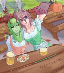 Rule 34 | 2girls, alcohol, animal ears, arthropod girl, artist name, beer, black sclera, brown hair, bug, collarbone, colored sclera, colored skin, dirndl, dress, food, food on face, german clothes, green hair, green skin, hand on another&#039;s shoulder, highres, hug, insect, insect girl, insect wings, long hair, looking at object, md5 mismatch, monster girl, moth, moth girl, moth wings, multiple girls, niftyrobo, oktoberfest, original, purple eyes, raccoon ears, raccoon girl, raccoon tail, self-upload, selfie, short hair, smile, tail, wings, yellow eyes