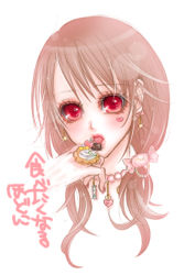 Rule 34 | blush, brown hair, candy, earrings, food, jewelry, kunogotoshi, lips, long hair, necklace, ojou (mei guanxi), original, red eyes, ring, solo, translated
