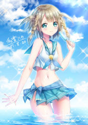 Rule 34 | 1girl, :&gt;, artist name, bad id, bad pixiv id, bare arms, bikini, bikini skirt, blonde hair, blue neckerchief, blue sky, braid, cloud, contrapposto, dated, day, food, glint, green eyes, hair ornament, highres, kazunehaka, looking at viewer, midriff, navel, neckerchief, original, outdoors, popsicle, sailor bikini, sailor collar, scallop, short hair, side braid, sky, smile, solo, sparkle, standing, star (symbol), star hair ornament, swimsuit, twin braids, twintails, two side up, wading, water