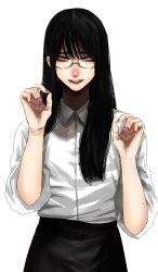Rule 34 | 1girl, black hair, black skirt, collared shirt, fingernails, glasses, grey eyes, hands up, highres, hoshi san 3, lipstick, long hair, looking at viewer, makeup, mole, mole under eye, mole under mouth, nail polish, original, parted lips, red lips, red nails, shirt, simple background, skirt, solo, white background, white shirt, wing collar, yamifuka-san (hoshi san 3)