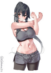 Rule 34 | 1girl, artist name, bare shoulders, black hair, blush, breasts, brown eyes, cropped legs, drawstring, ebifurya, grey shorts, grey sports bra, grin, groin, hair between eyes, hair flaps, heavy breathing, high ponytail, highres, kantai collection, large breasts, long hair, looking at viewer, navel, one-hour drawing challenge, pantyhose, short shorts, shorts, sidelocks, simple background, smile, solo, sports bra, stretching, sweat, twitter username, very long hair, white background, yahagi (kancolle)