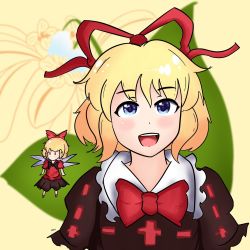 Rule 34 | blonde hair, bow, bowtie, collared dress, doll, dress, flower, highres, itsroika, leaf, medicine melancholy, open mouth, ribbon, short hair, short sleeves, smile, touhou