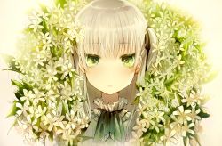 Rule 34 | 1girl, ascot, black ribbon, blunt bangs, blush, closed mouth, commentary request, dress, flower, flower request, graphite (medium), green ascot, green eyes, hair ribbon, highres, long hair, looking at viewer, original, portrait, ribbon, silver hair, solo, tlla, traditional media, twintails