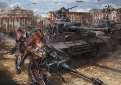 Rule 34 | absurdres, aircraft, airplane, bird, blonde hair, blue eyes, bomber, eagle, flag, flying, garrison cap, germany, hat, highres, leah rossiter, lisa hunt, long hair, military, military vehicle, motor vehicle, nazi, nelly rommel, official art, panzer waltz, patti paulson, red hair, sally hartman, serious, short hair, stu dts, tank, thighhighs, tiger i, tiger ii, turret, vehicle focus, walking, world war ii