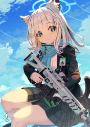 Rule 34 | 1girl, animal ear fluff, animal ears, assault rifle, black jacket, black skirt, blue archive, blue eyes, blue scarf, blunt bangs, closed mouth, expressionless, eyes visible through hair, gloves, gun, hair ornament, jacket, looking at viewer, outdoors, plaid, plaid skirt, rifle, scarf, scope, shiroko (blue archive), sig sauer 556, signature, single glove, sitting, skirt, socks, solo, thighs, trigger discipline, weapon, white hair, white socks, x hair ornament, yamahara