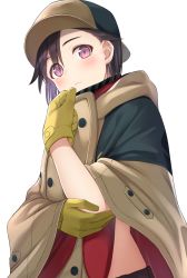 Rule 34 | 1girl, blush, brown hat, cloak, closed mouth, commentary, from below, frown, gloves, hair behind ear, hand on own elbow, hand up, hat, highres, hijiriido miyo, hondoumachi koharu, id :invaded, looking at viewer, looking down, pink eyes, senagawa roro, simple background, solo, upshirt, white background, yellow gloves