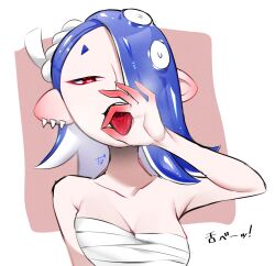 Rule 34 | 1girl, border, chest sarashi, collarbone, fellatio gesture, hand up, highres, naughty face, nintendo, octoling player character, open mouth, red background, red eyes, sarashi, shiver (splatoon), solo, splatoon (series), splatoon 3, takagi (tkgiii), tongue, tongue out, upper body, white border