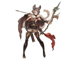 Rule 34 | 10s, 1girl, animal ears, black thighhighs, bow (weapon), brown eyes, cape, detached sleeves, erune, full body, granblue fantasy, grey hair, hair ornament, minaba hideo, mole, official art, short hair, solo, stella (granblue fantasy), sutera (granblue fantasy), thighhighs, transparent background, weapon