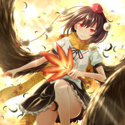 Rule 34 | 1girl, black skirt, blush, brown hair, closed mouth, cowboy shot, day, feathers, hat, kanden sky, knee up, leaf, looking at viewer, maple leaf, outdoors, puffy short sleeves, puffy sleeves, red eyes, shameimaru aya, shirt, short hair, short sleeves, skirt, smile, solo, sunlight, tokin hat, touhou, v-shaped eyebrows, white shirt, wings