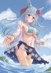 Rule 34 | 1girl, absurdres, alternate costume, animal ears, bikini, blue bikini, blue hair, blue sky, blush, braid, breasts, cleavage, cloud, cloudy sky, commentary request, crown braid, ear ornament, highres, hood, hoodie, horse ears, horse girl, horse tail, horseshoe necklace, jewelry, large breasts, light blue hair, long sleeves, looking at viewer, mejiro ardan (umamusume), necklace, ocean, open clothes, open hoodie, outdoors, partially submerged, purple eyes, rio (lio yuzu), sarong, sky, solo, swimsuit, tail, thigh strap, umamusume, water, white hoodie
