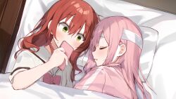 Rule 34 | 2girls, ai-assisted, bandaged head, bandages, blush, bocchi the rock!, cellphone, closed eyes, commentary request, covering own mouth, from side, gotoh hitori, green eyes, hair between eyes, head on pillow, highres, holding, holding phone, jacket, kadohusa ginpo, kita ikuyo, long hair, long sleeves, looking at another, multiple girls, nose, open mouth, phone, pink hair, pink jacket, red hair, school uniform, shirt, smartphone, surprised, sweatdrop, under covers, white shirt, wide-eyed, yuri