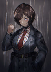 Rule 34 | 1girl, absurdres, akita (akitakipuromun), belt, belt buckle, belt pouch, black belt, blue coat, brown eyes, brown hair, buckle, closed mouth, coat, collared shirt, grey background, highres, holding, holding pocket watch, limbus company, long sleeves, looking at viewer, necktie, outis (project moon), pocket watch, pouch, project moon, rain, red necktie, shirt, striped clothes, striped shirt, upper body, watch, wing collar