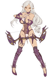 Rule 34 | 00s, 1girl, arrow (projectile), bow (weapon), breasts, character sheet, concept art, curvy, dark elf, elf, female focus, laini qweet, large breasts, legs, lilith-soft, long hair, looking at viewer, official art, pointy ears, serious, simple background, solo, standing, taimanin (series), taimanin asagi kessen arena, weapon, white background, white hair