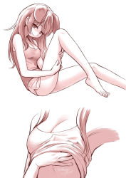 Rule 34 | 1girl, animal ears, bare legs, barefoot, breasts, cleavage, closed mouth, clothes lift, dog ears, extra ears, from side, hand under clothes, highres, hololive, inugami korone, knee up, lifted by self, long hair, looking at viewer, medium breasts, monochrome, multiple views, sabaku chitai, shirt, shirt lift, short shorts, shorts, simple background, sitting, sleeveless, sleeveless shirt, virtual youtuber, white background