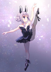 Rule 34 | 1girl, animal ears, arm up, bare arms, bare shoulders, black dress, black footwear, black leotard, blush, chitosezaka suzu, closed mouth, collarbone, commentary request, dress, full body, grey pantyhose, hair between eyes, hair bun, leg up, leotard, original, pantyhose, purple eyes, purple hair, rabbit ears, shoes, side bun, sidelocks, single hair bun, single side bun, solo, split, standing, standing on one leg, standing split, strapless, strapless dress