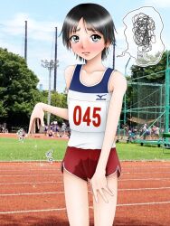 Rule 34 | 1girl, black eyes, black hair, blush, closed mouth, collarbone, embarrassed, feet out of frame, humiliation, kameyamannendou, lips, original, outdoors, pee stain, peeing, peeing self, photo background, public indecency, red shorts, short hair, shorts, solo focus, speech bubble, sportswear, standing, tank top, tearing up, tomboy, track and field, track uniform, water drop, wet, wet clothes