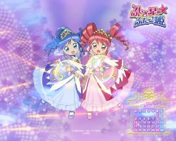 Rule 34 | 00s, 2005, 2girls, april, blue hair, calendar, dress, drill hair, fine (futagohime), fushigiboshi no futago hime, looking at viewer, magical girl, mary janes, multiple girls, pink hair, rein (futagohime), shoes, smile, standing, standing on one leg, symmetry, tiara, wand