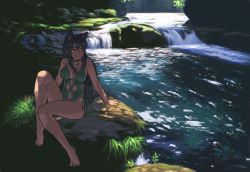Rule 34 | 1girl, animal ears, azusa (hws), barefoot, bell, neck bell, black hair, bow, breasts, brown eyes, casual one-piece swimsuit, cat ears, cleavage, collar, feet, landscape, large breasts, leg up, legs, long hair, long legs, nature, one-piece swimsuit, original, outdoors, river, scenery, shade, sidelocks, sitting, solo, stream, swimsuit, thighs, water, waterfall