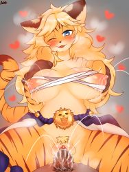 Rule 34 | 1girl, :3, animal ears, ankk, bandages, blonde hair, blonde pubic hair, blue eyes, blush, bottomless, breasts, chest sarashi, clitoris, cum, cum in pussy, fangs, fullbokko heroes, furry, girl on top, hand on own cheek, hand on own chest, hand on own face, heart, heart-shaped pupils, highres, lactation, large breasts, long hair, looking at viewer, milk, nipples, one eye closed, open mouth, penis, pubic hair, riding, sarashi, sex, sitting, sitting on person, solo focus, spread legs, symbol-shaped pupils, tail, tiger ears, tiger girl, tiger stripes, tiger tail, uncensored, vaginal, veins, veiny penis, waist cape, wavy hair, wristband, zhang fei (fullbokko heroes)