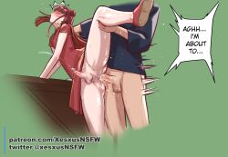 Rule 34 | 2boys, anal, blush, brown hair, china dress, chinese clothes, cum, dress, green background, highres, long hair, motion lines, multiple boys, penis, prostate orgasm, sex, simple background, speech bubble, thigh grab, trap, xesxus, yaoi