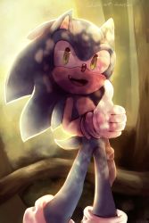 Rule 34 | 1boy, animal ears, artist name, backlighting, blue hair, day, fang, furry, furry male, gloves, green eyes, hand up, happy, highres, looking at viewer, male focus, open mouth, outdoors, smile, socks, solo, sonic (series), sonic the hedgehog, spacecolonie, tail, teeth, thumbs up, tree, tumblr username, white gloves, white socks