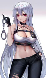 Rule 34 | 1girl, absurdres, alternate costume, azur lane, bare shoulders, black gloves, black pants, blood, blood stain, blue eyes, breasts, character name, chest strap, chinese commentary, cleavage, collar, collarbone, commentary, cowboy shot, crop top, cuffs, denim, eternity (shadeh), gloves, handcuff dangle, handcuffs, highres, jeans, large breasts, long hair, looking at viewer, midriff, mole, mole on stomach, mole under eye, navel, pants, photoshop (medium), police, police badge, police uniform, policewoman, red eyes, shirt, silver hair, sleeveless, sleeveless shirt, solo, sovetskaya rossiya (azur lane), sovetskaya rossiya (the lackadaisical lookout) (azur lane), standing, stomach, torn clothes, torn pants, uniform, very long hair, weapon, white shirt