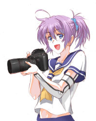 Rule 34 | 10s, 1girl, :d, ahoge, aoba (kancolle), blue eyes, camera, graphite (medium), hair ornament, hair scrunchie, henshako, highres, holding, holding camera, kantai collection, looking at viewer, neckerchief, open mouth, ponytail, purple hair, school uniform, scrunchie, serafuku, simple background, sketch, smile, solo, traditional media, upper body, white background